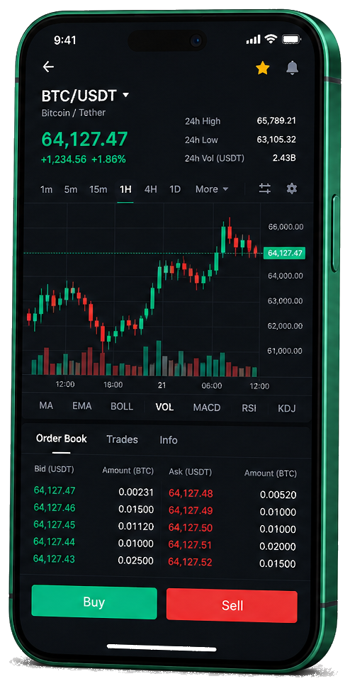 Mobiele handelsinterface van Nekxorexys — live BTC/USDT-grafiek met orderboek en functies voor kopen en verkopen
